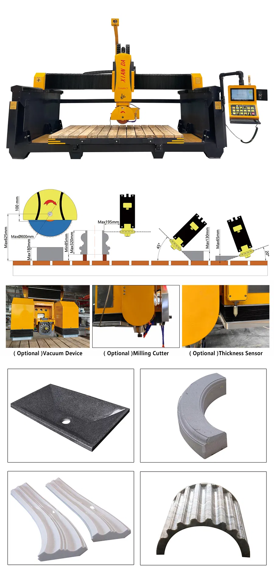 5-осевая CNC мостовая пила режущая машина с рабочим столом 3400x2000 мм и вращением головы 0&deg;-360&deg; для гранита и мрамора 0